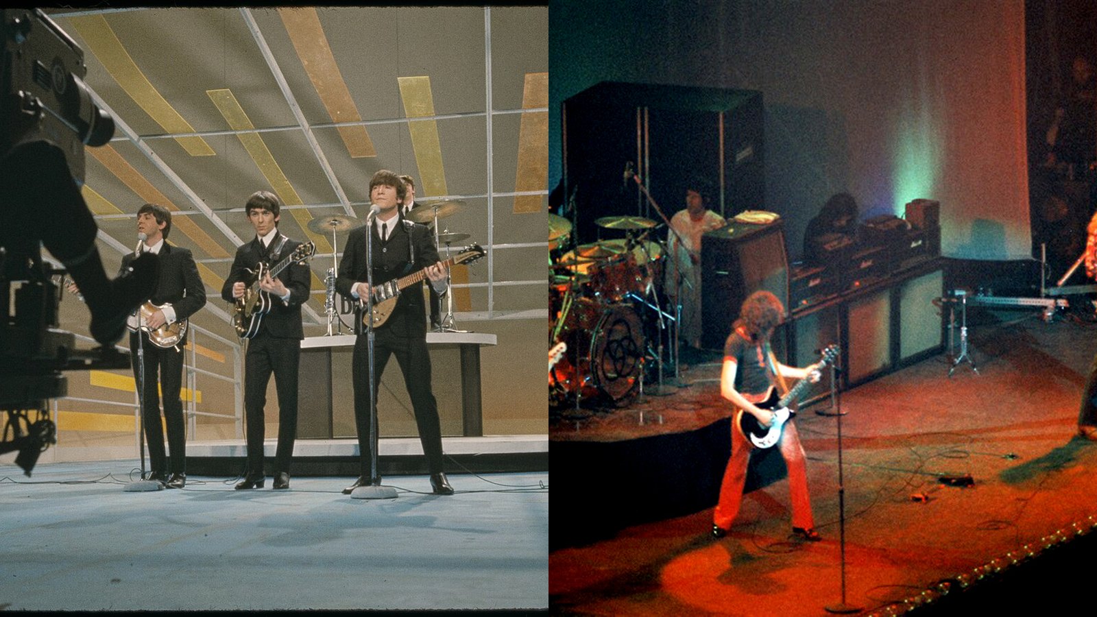 The Beatles on The Ed Sullivan Show, 1964, beside Led Zeppelin at Chicago Stadium, 1975